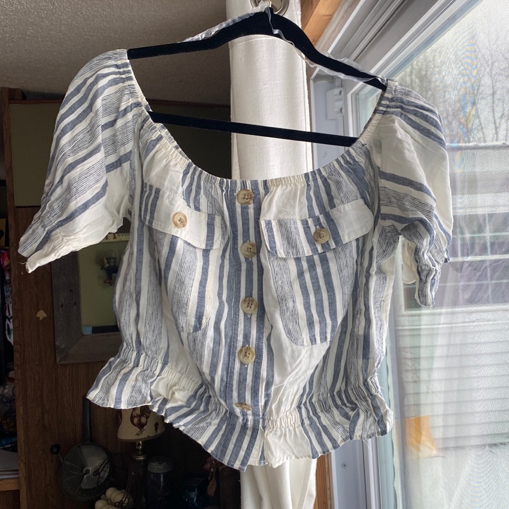 AE, off the shoulder blue and white vertical stripped crop top